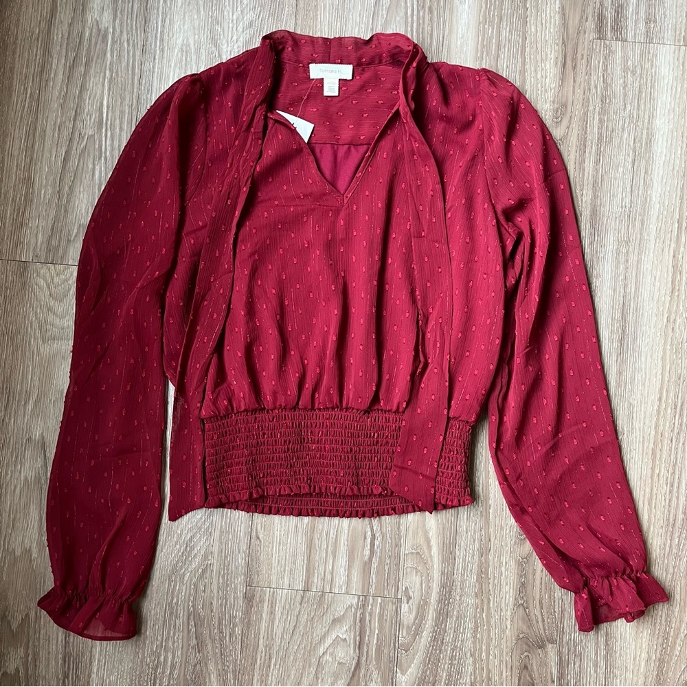 Tamara H. Red Sheer Long Sleeve Blouse with Smocked Waistband XS